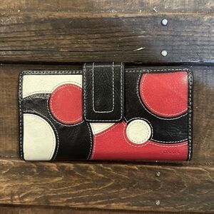 Vintage Fossil Wallet Genuine Leather red black white Patchwork Circles